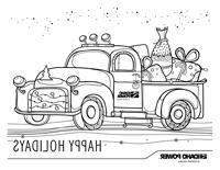 Image of a coloring page with a truck filled with holiday gifts on it