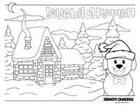 Image of a coloring page with a dog in front of a winter landscape on it