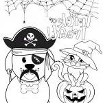 Image of a coloring page with a dog, cat and Halloween pumpkin on it