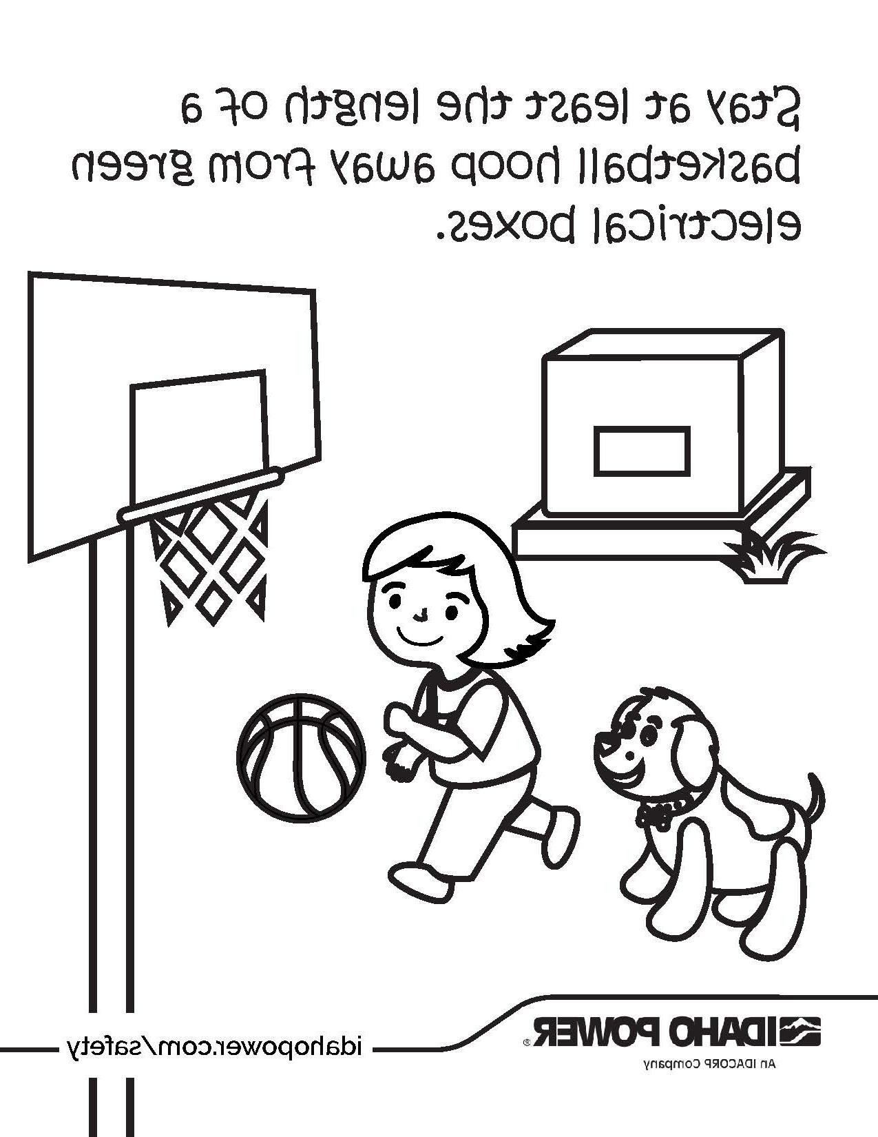 Coloring page of a girl playing basketball that says, Stay at least the length of a basketball hoop away from green electrical boxes